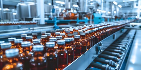 Fototapeta premium glass vials filled with brown liquid on the conveyor belt in a production line at a factory for the medical and health product industry