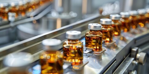glass vials filled with brown liquid on the conveyor belt in a production line at a factory for the medical and health product industry