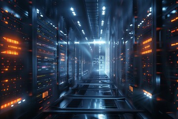 A futuristic data center complete with server racks and LED lighting focuses on database storage. It is a state-of-the-art facility designed to store and manage vast amounts of digital data.