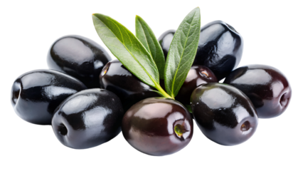 Close-up of black olives, some with leaves, isolated on a white background