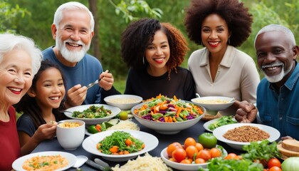 A diverse family of three generations gathers around a table filled with various healthy dishes, smiling and enjoying each other's company in an outdoor setting This image captures the joy and