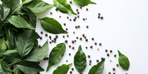 Fresh green leaves and peppercorns scattered on a white background, creating a natural and organic composition that highlights the simplicity and beauty of culinary ingredients..