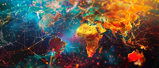 Obraz premium Use vibrant colors and intricate patterns to portray the concept of digital global connectivity through internet, social media, travel, or logistics