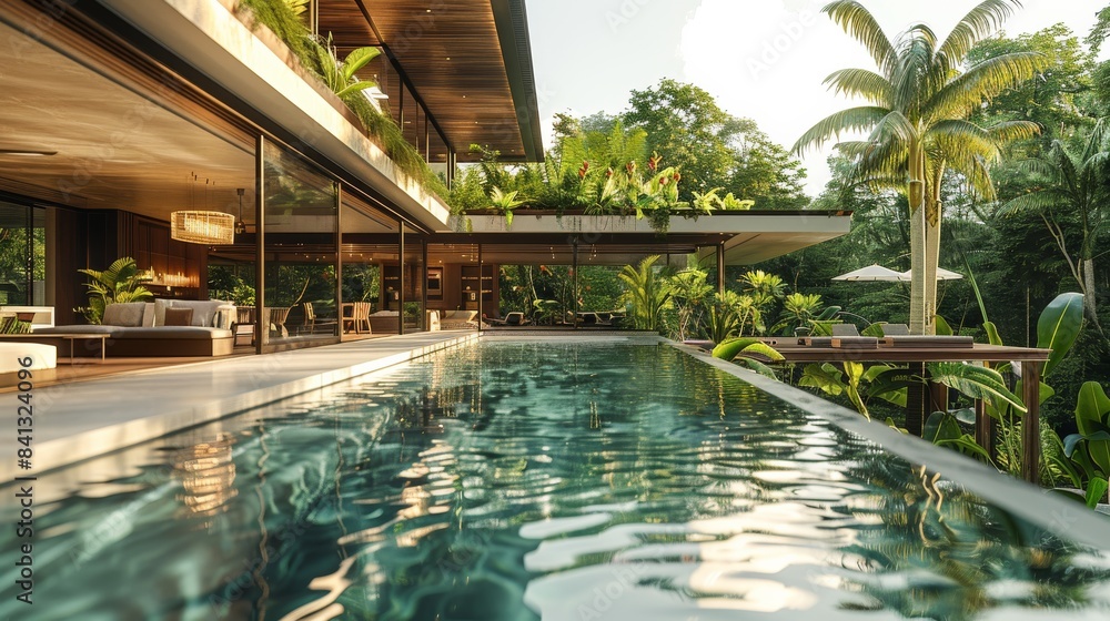 Poster nature-inspired architecture, combining modern design with tropical elements, a sanctuary for relaxa