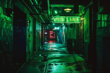 Fototapeta premium Vibrant green glow emanating from neon signage in a shadowy room