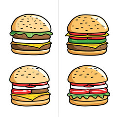 Four cartoonstyle burgers, sesame seed buns, various toppings, colorful illustration. Cheeseburger, hamburger, fast food, detailed drawing, isolated white background. Collection different