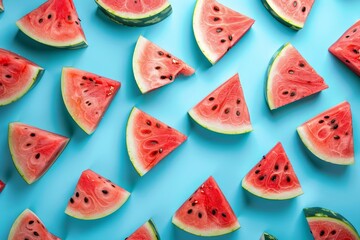 Watermelon slices arranged on a vibrant blue backdrop