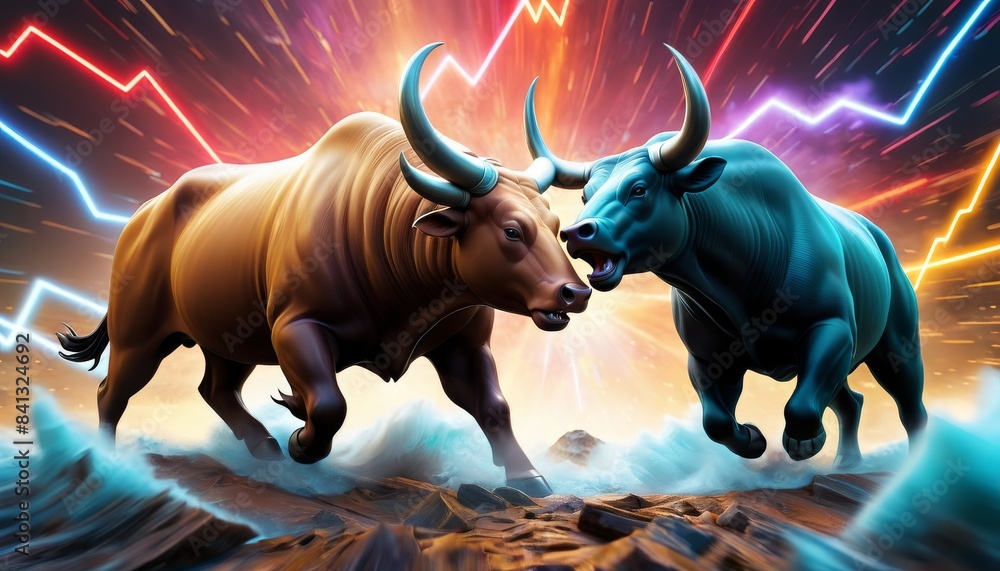 Poster two bulls with horns locked in combat, symbolizing the bullish struggle in stock markets. the dynami