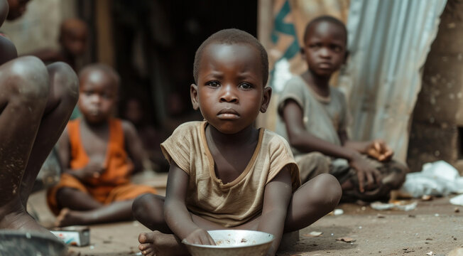 A young child sits with a bowl in hand, reflecting the harsh realities of street life in Africa