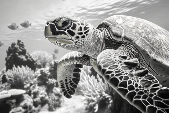 A close-up shot of a sea turtle in monochrome tones, highlighting its shell and texture