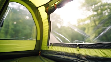 Tent interior with sunlight streaming in through the window