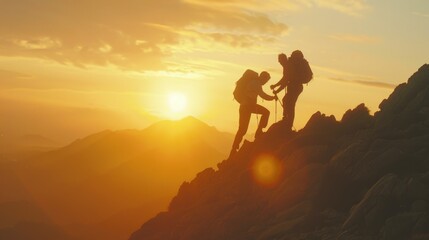 Two people standing at the top of a mountain with a scenic view, suitable for adventure or outdoor-themed projects