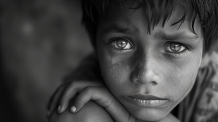 Black and white portrait of a young street child, their face filled with sadness and longing