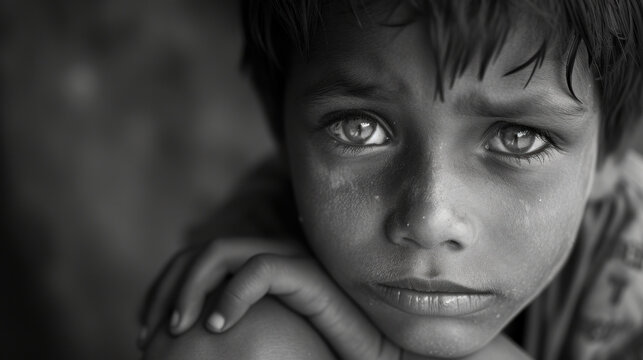 Black and white portrait of a young street child, their face filled with sadness and longing