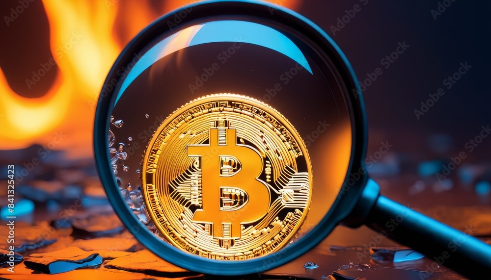 Poster a detailed close-up of a golden bitcoin magnified under a lens, with fiery flames in the background.