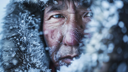 Close up portrait of an Inuit Tribe member, focusing on his expressionless face and details of his traditional costume, frozen ice background with sparkling snow, Ai generated Images