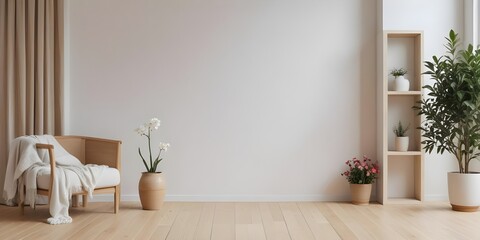 Frame mockup, Minimal room with an armchair on an empty white wall background. 3D render