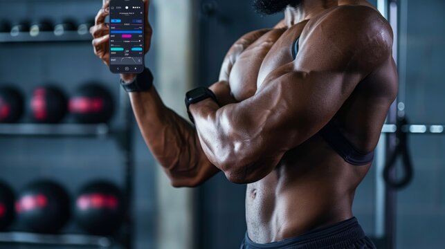 A muscular man holds a smartphone, reviewing workout data in a dimly lit gym. - Powered by Adobe