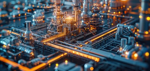 Futuristic industrial plant with advanced technology and glowing lights, depicting modern manufacturing and complex engineering.