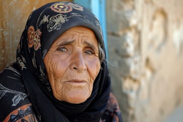 Fototapeta premium Close-up of a senior woman with a headscarf gazing thoughtfully, showcasing wisdom and life experience