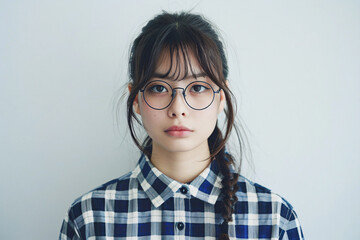 a girl with glasses and a plaid shirt
