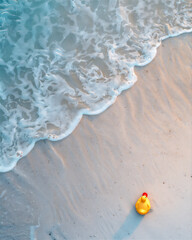 Naklejka premium Beach from above with yellow duck toy in sunny day. Summer holiday illustration