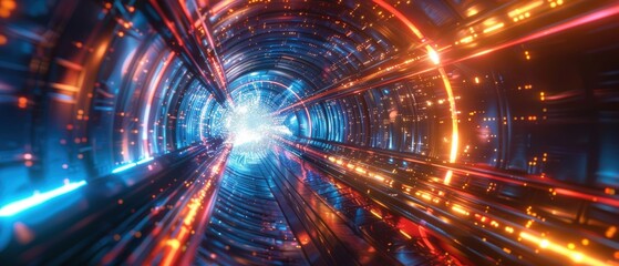 Obraz premium Futuristic tunnel with vibrant neon lights and glowing digital elements, representing high-speed data transfer and advanced technology.
