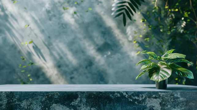 Indoor plant on stone table with blurred green background. Generative AI