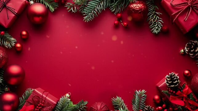 Red burgundy blank space background with Christmas ornaments, gifts, pines, spruce leaves, for greeting card video