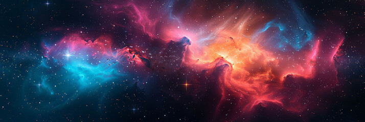 Fototapeta premium Vibrant cosmic nebula in deep space with swirling colors and sparkling stars, showcasing the beauty and grandeur of the universe in a mesmerizing, celestial scene..