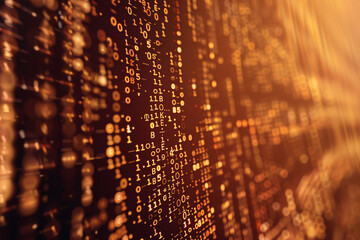 Fototapeta premium Abstract orange digital data stream with binary code and bokeh effect in the background