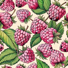 Seamless pattern of hand-drawn raspberries with their distinct texture and detailed leaves, Generative AI