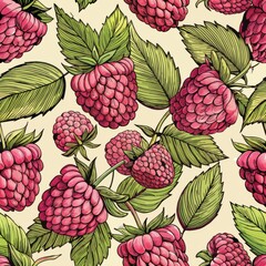 Seamless pattern of hand-drawn raspberries with their distinct texture and detailed leaves, Generative AI