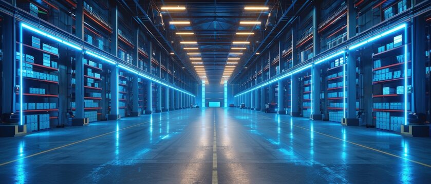 Modern automated warehouse with blue neon lights, featuring high shelves and organized storage, ideal for logistics and inventory management.