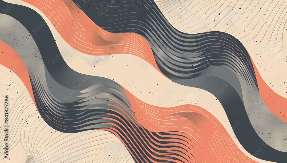 Poster a peach and grey background with simple wavy vector shapes in the style of various artists