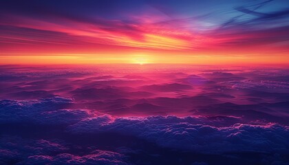 A stunning sunset with vibrant hues of pink, purple, and orange illuminating the sky over rolling mountain ranges.