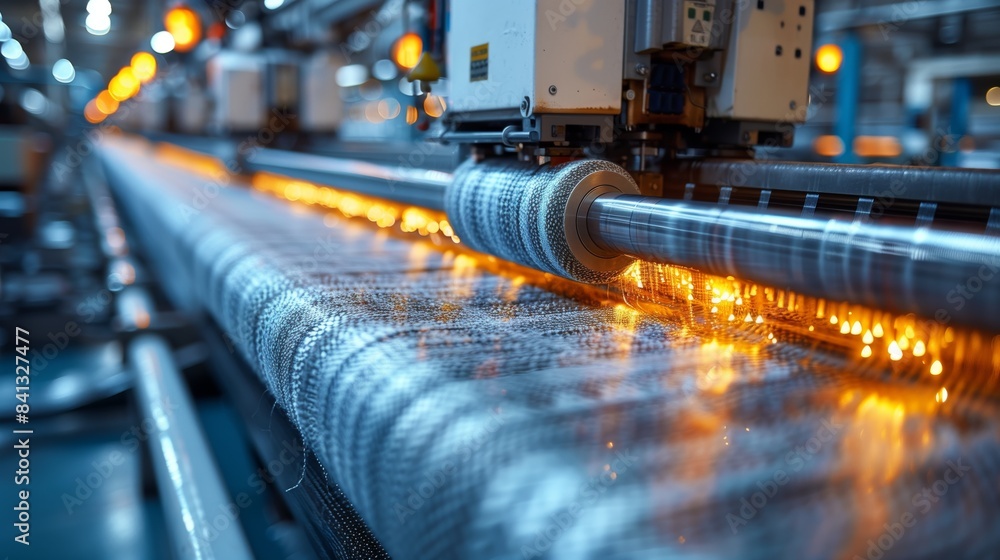 Poster high-speed textile weaving machine. high-speed textile weaving machine in action, showcasing advance