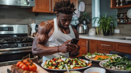 A muscular man with dreadlocks stands in a modern kitchen, checking his phone while preparing a healthy meal. - Powered by Adobe