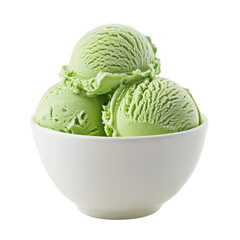 Refreshing green pistachio ice cream scoops in a white bowl isolated on white background, ideal for summer treats and dessert menus