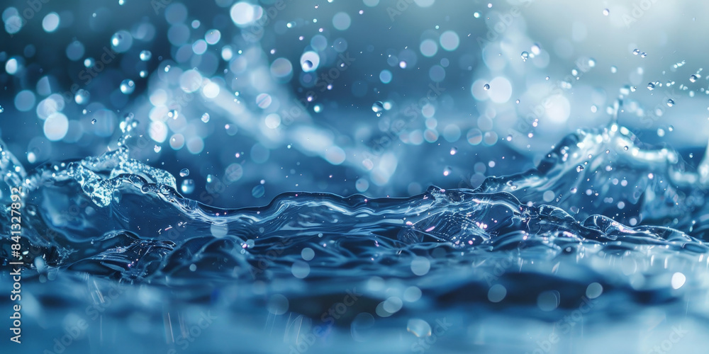 Poster close-up of water splashing with droplets suspended in mid-air, capturing the dynamic and refreshing