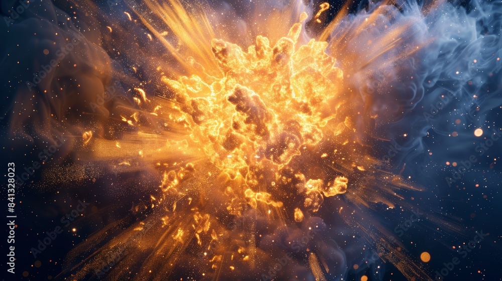 Poster portrayal of a gold explosion with glowing particles transforming into a radiant cloud of light, rem