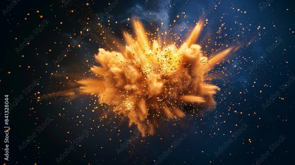 Poster portrayal of a gold explosion with glowing particles transforming into a radiant cloud of light, rem