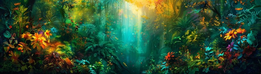 Stage in lush green setting, Psychedelic, Bright hues, Watercolor, Surreal foliage and abstract patterns 8K , high-resolution, ultra HD,up32K HD