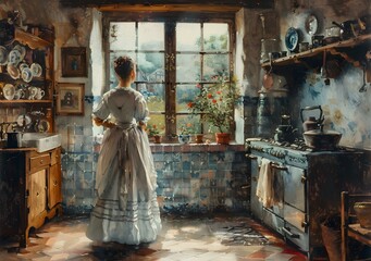 A woman standing in a kitchen looking out the window