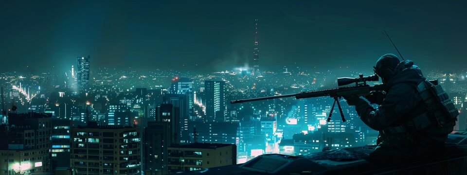 Thrill, city skyline, war conflict sniper shooter holding sniper or assault rifle with zoom telescope as special tactics force army roof cover at night as wide banner for video game, 4k hd wallpaper, 
