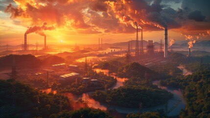 Fototapeta premium Industrial Complex at Vibrant Sunset. Sprawling industrial complex with smokestacks emitting smoke, set against a vibrant, colorful sunset sky.