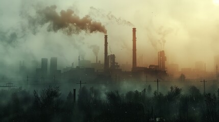 Obraz premium Smog-Covered Industrial Skyline. Dense smog covers the skyline of an industrial area, with smokestacks emitting smoke and minimal visibility of the structures.