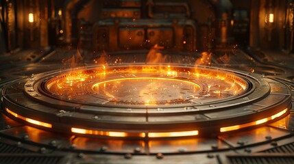 Round platform with glowing flames, Steampunk, Sepia tones, Illustration, Vintage elements and mechanical details 8K , high-resolution, ultra HD,up32K HD