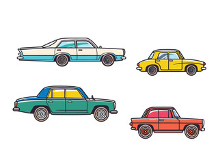 Four vintage cars, classic design, colorful automobile collection. Different models, retro vehicle set, side view, pastel colors, isolated white background. Collection antique transportation