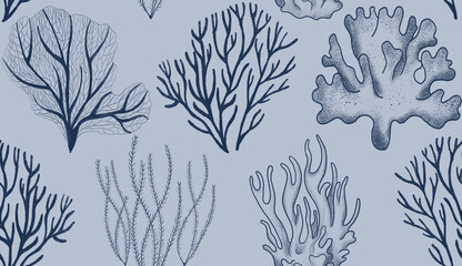 seamless pattern with coral reef, marine theme monochrome